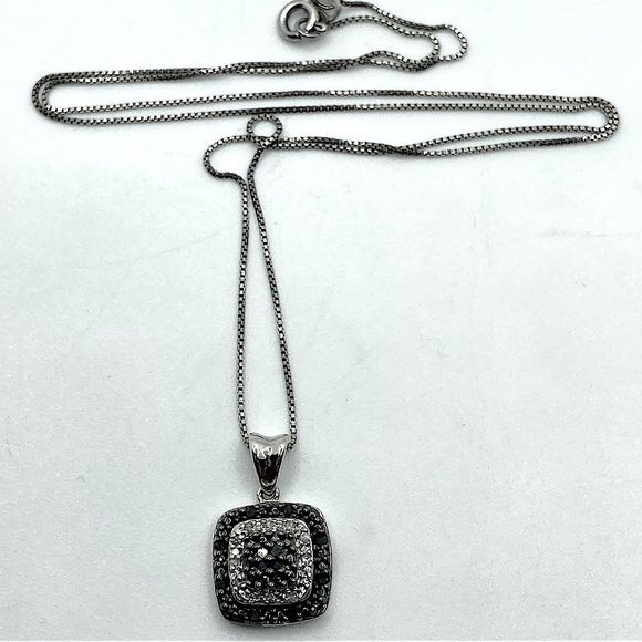 BLACK & White Diamond Sterling Silver Square Pendant w Chain 19” + .7” Total - Picture 2 of 9